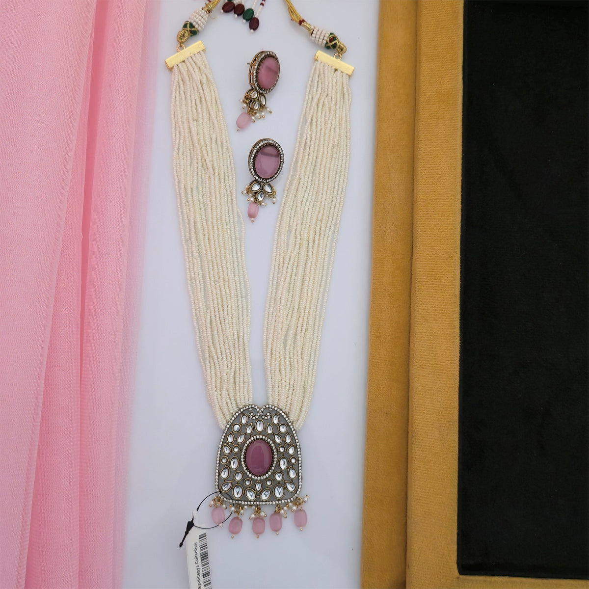 Moissanite Kundan Long Necklace Set with Matching Earrings | Pink Beaded Designer Necklace for Women