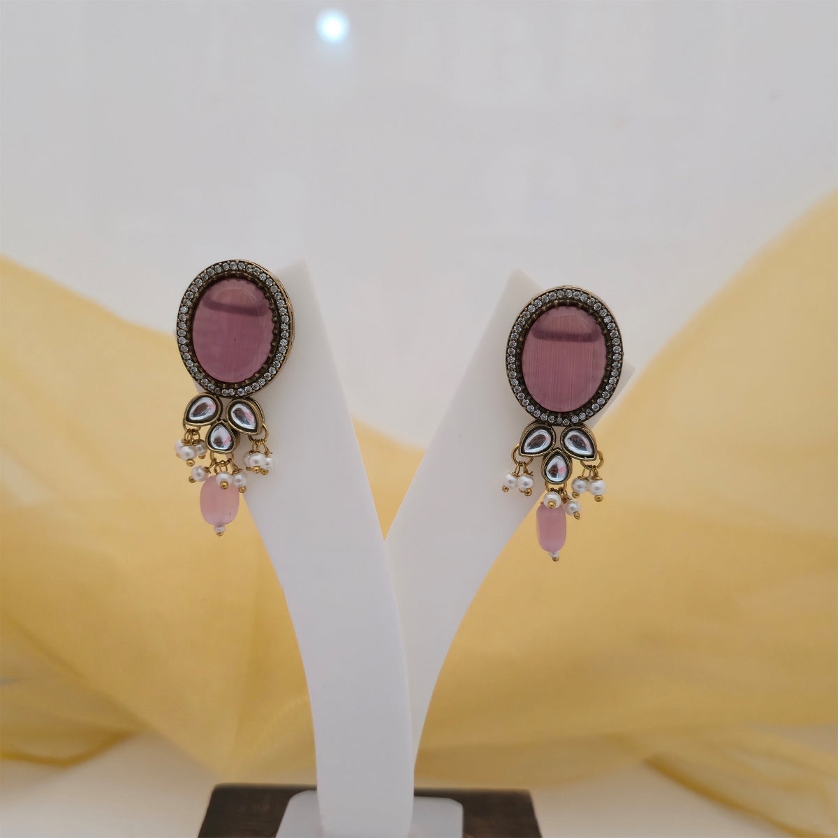 Moissanite Kundan Long Necklace Set with Matching Earrings | Pink Beaded Designer Necklace for Women