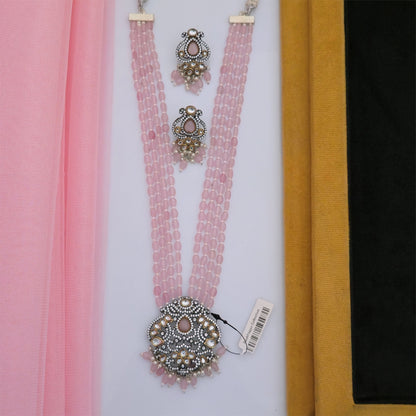 Moissanite Kundan Long Necklace Set with Matching Earrings | Pink Beaded Designer Necklace for Women