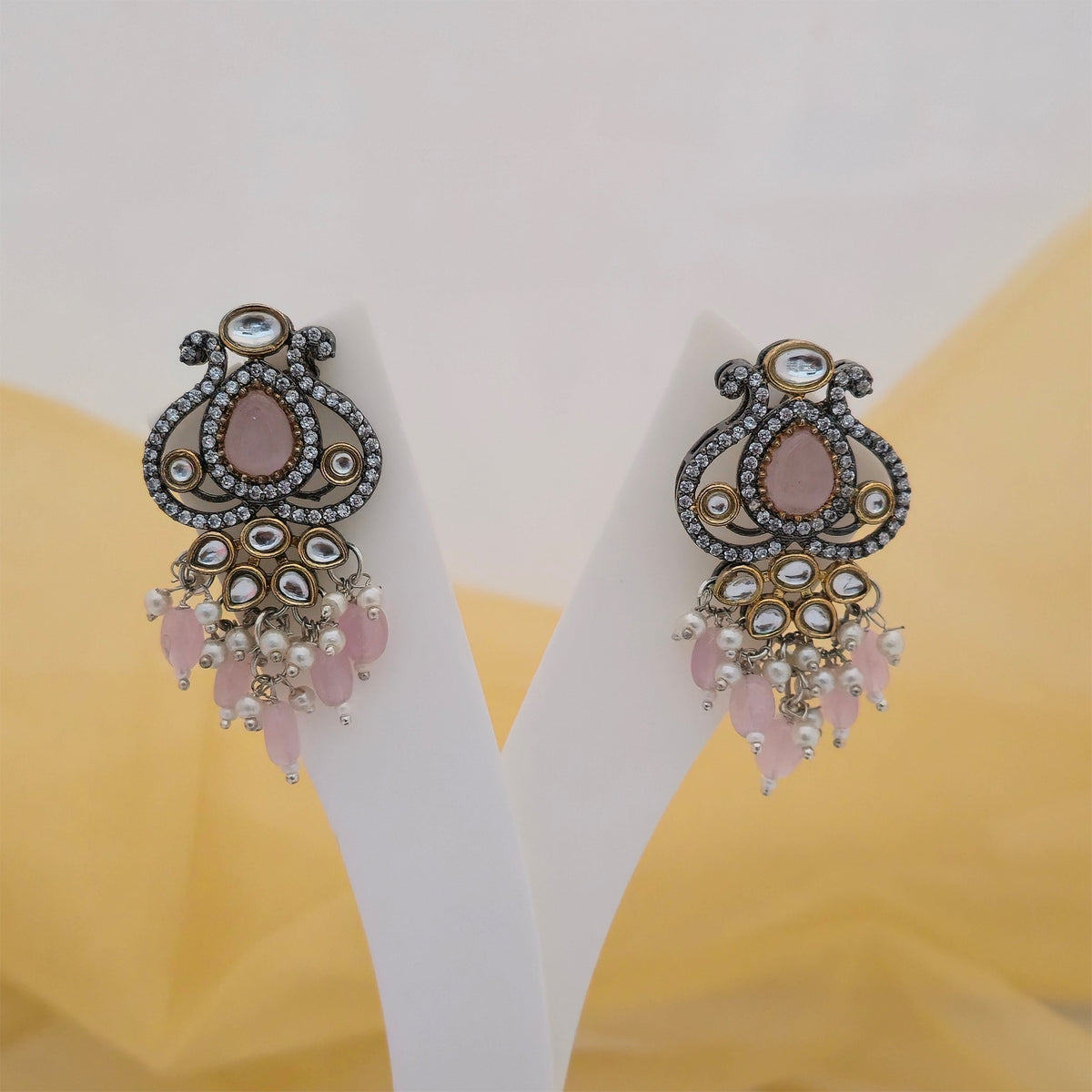 Moissanite Kundan Long Necklace Set with Matching Earrings | Pink Beaded Designer Necklace for Women
