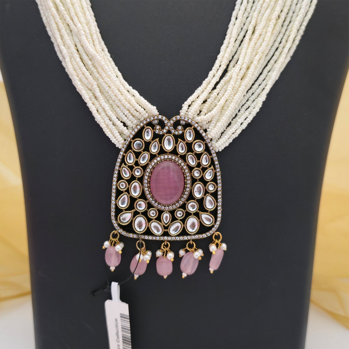 Moissanite Kundan Long Necklace Set with Matching Earrings | Pink Beaded Designer Necklace for Women