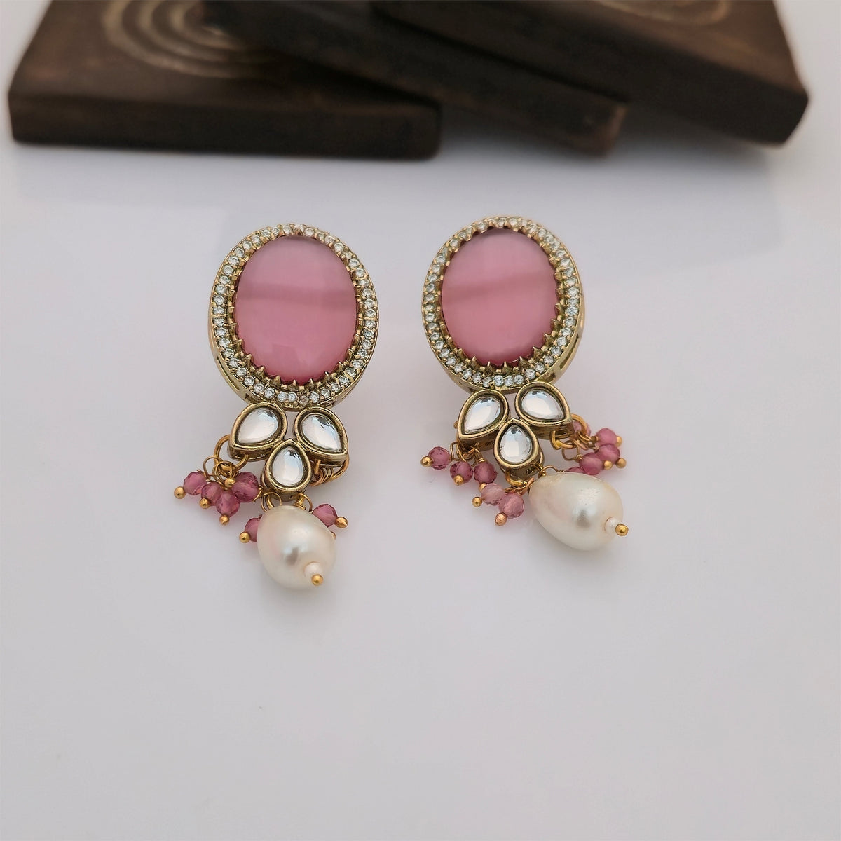 Moissanite Kundan Long Necklace Set with Matching Earrings | Pink and White Pearl Designer Jewellery for Women