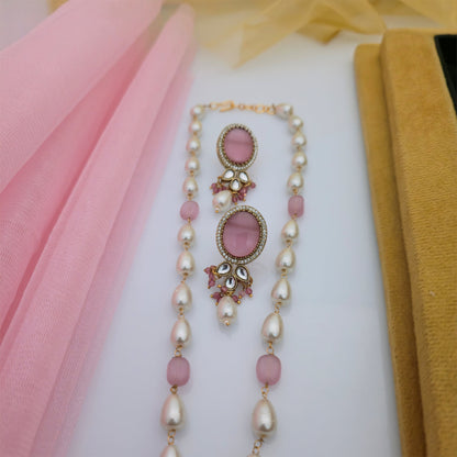 Moissanite Kundan Long Necklace Set with Matching Earrings | Pink and White Pearl Designer Jewellery for Women