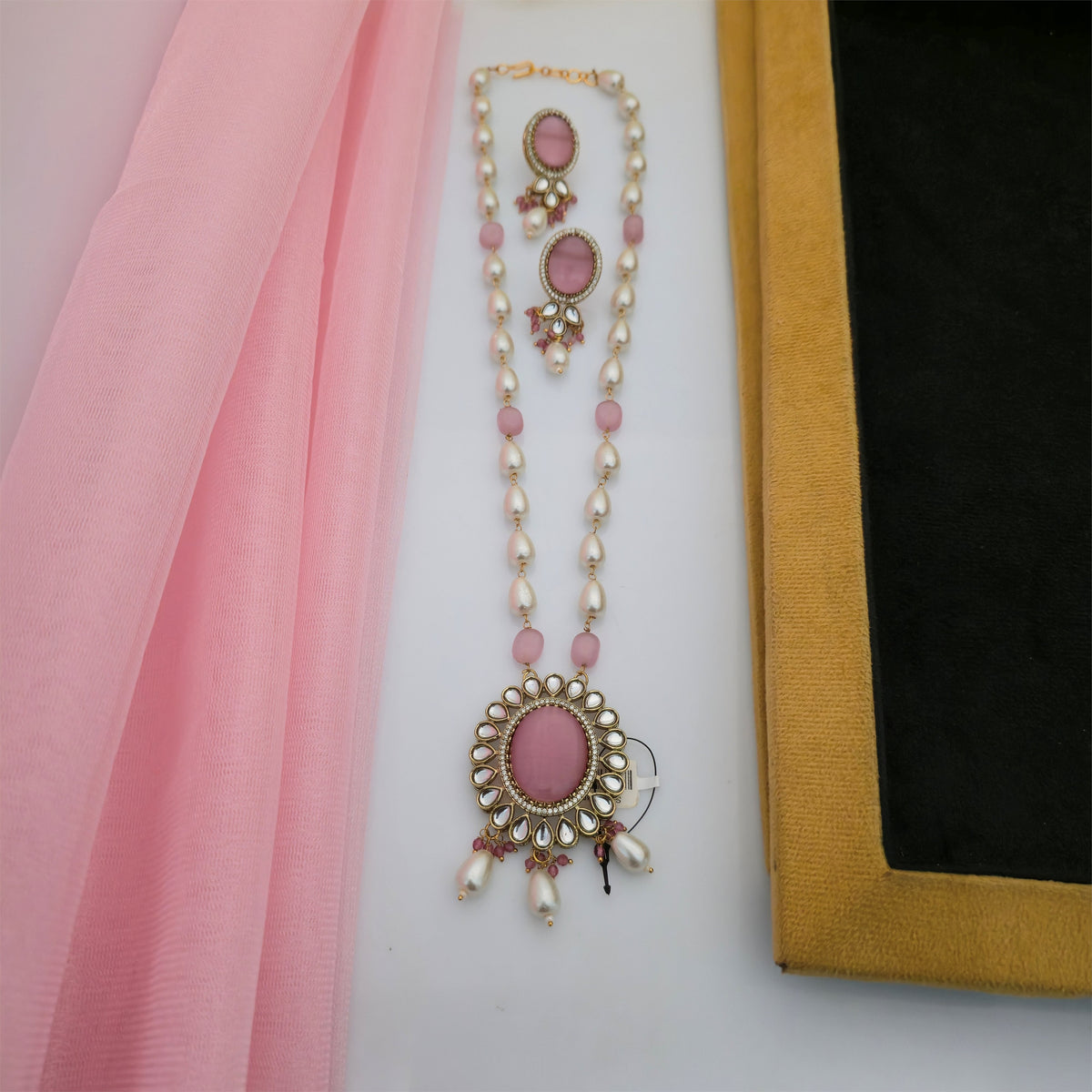 Moissanite Kundan Long Necklace Set with Matching Earrings | Pink and White Pearl Designer Jewellery for Women