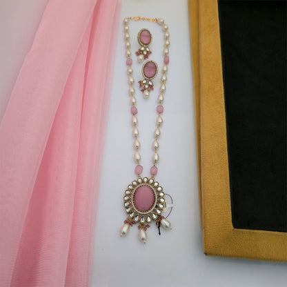 Moissanite Kundan Long Necklace Set with Matching Earrings | Pink and White Pearl Designer Jewellery for Women