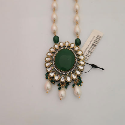 Moissanite Kundan Long Necklace Set with Matching Earrings | Pink and White Pearl Designer Jewellery for Women