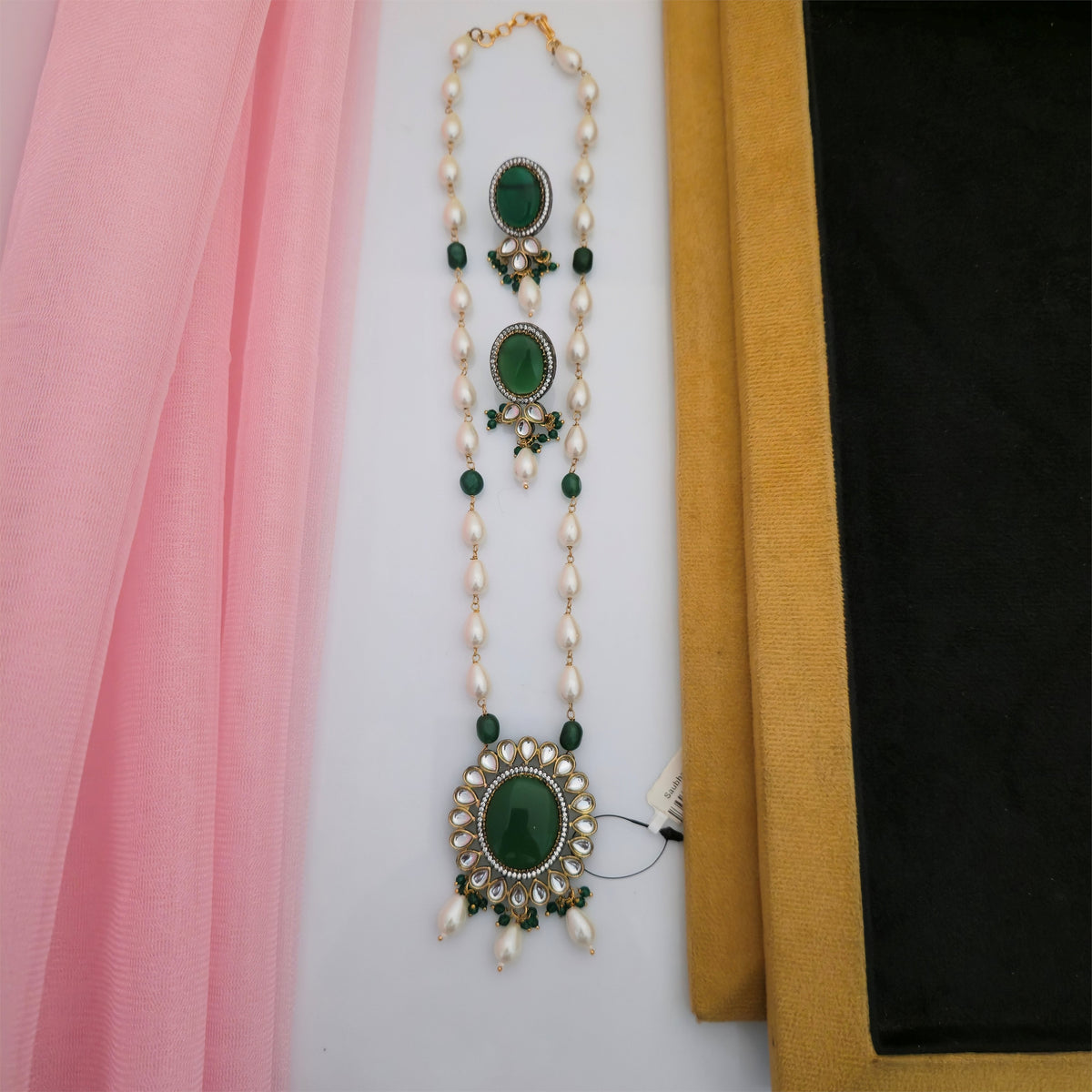 Moissanite Kundan Long Necklace Set with Matching Earrings | Pink and White Pearl Designer Jewellery for Women