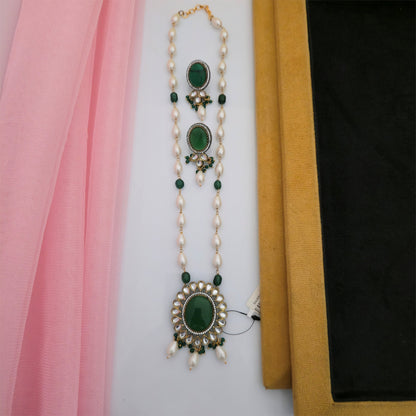 Moissanite Kundan Long Necklace Set with Matching Earrings | Pink and White Pearl Designer Jewellery for Women