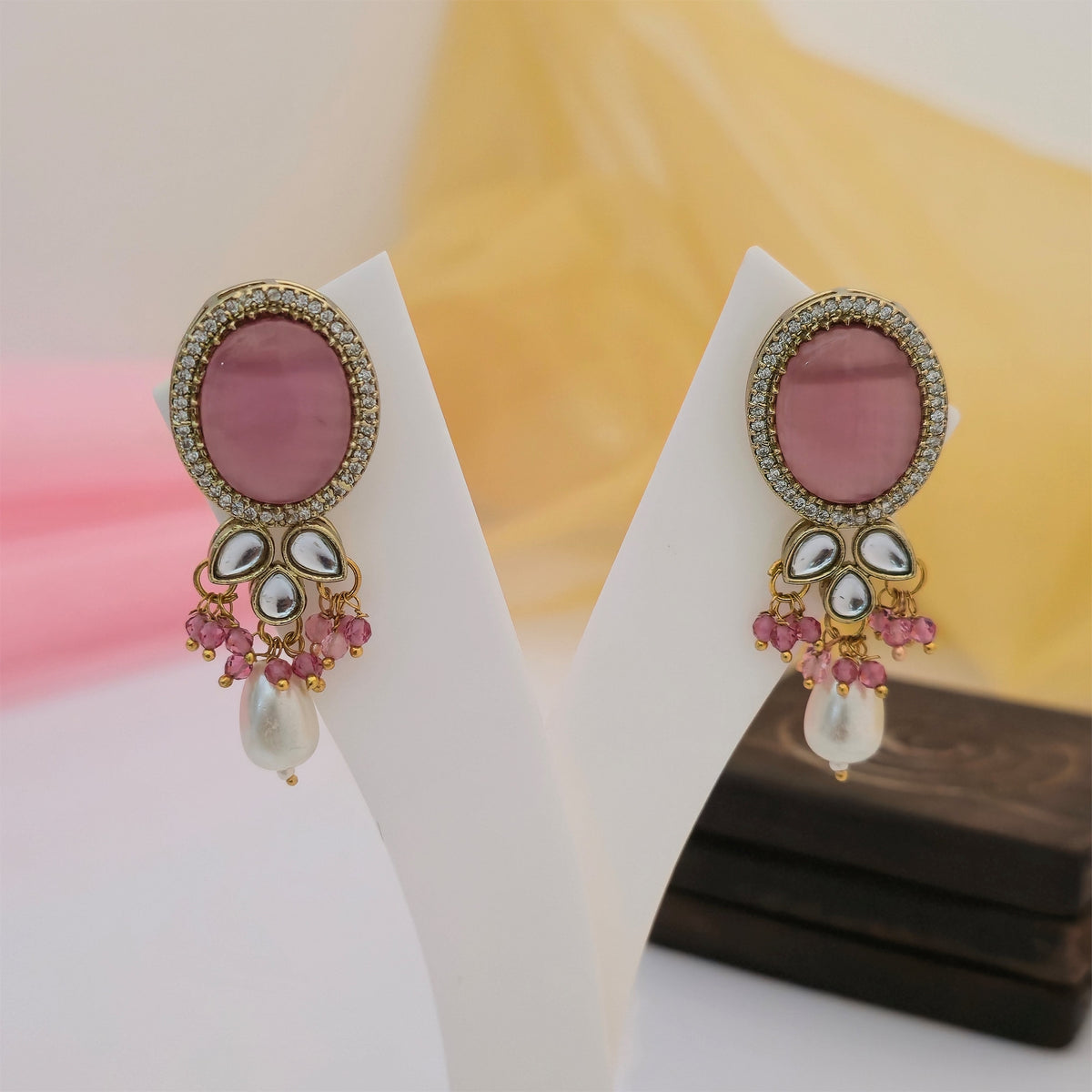 Moissanite Kundan Long Necklace Set with Matching Earrings | Pink and White Pearl Designer Jewellery for Women