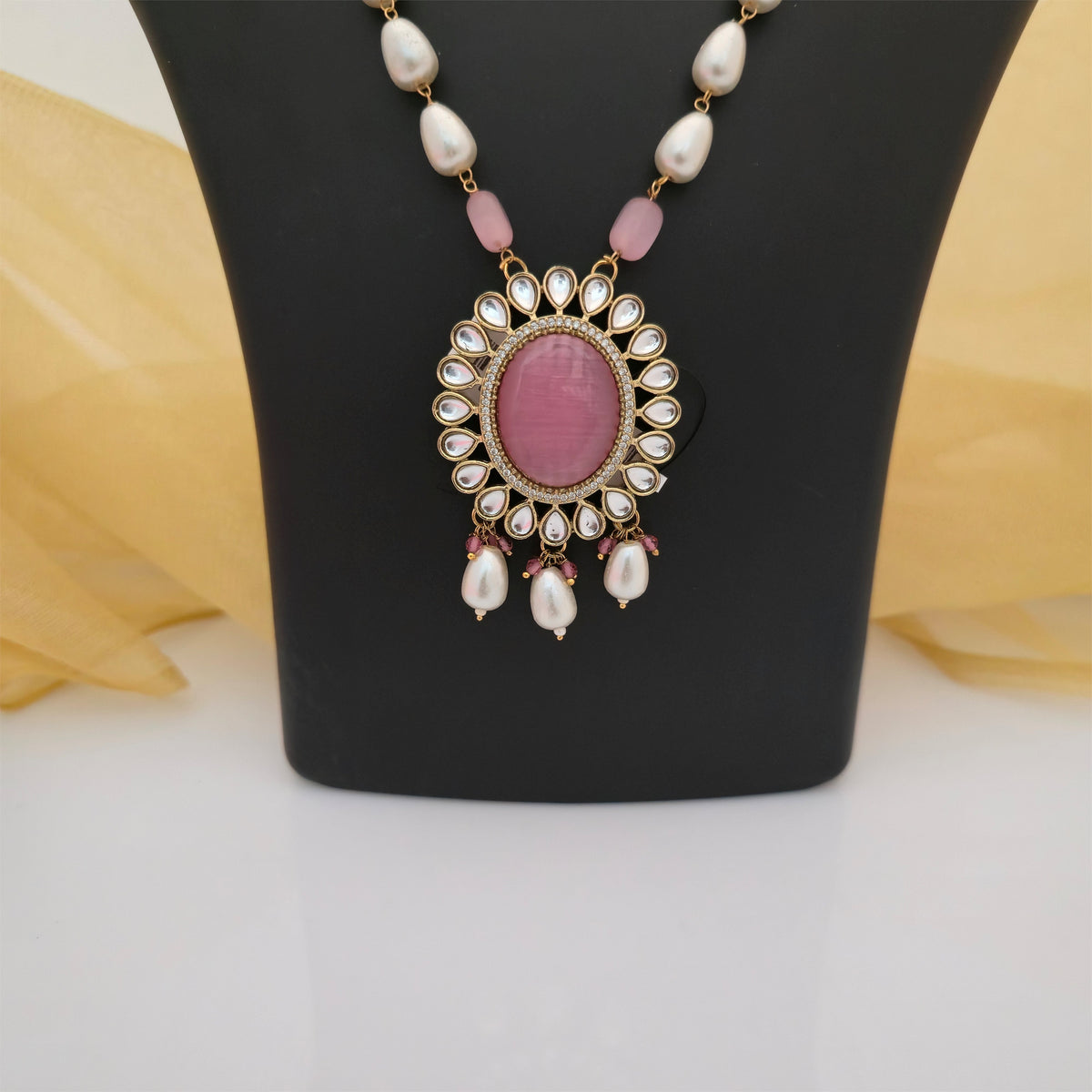 Moissanite Kundan Long Necklace Set with Matching Earrings | Pink and White Pearl Designer Jewellery for Women