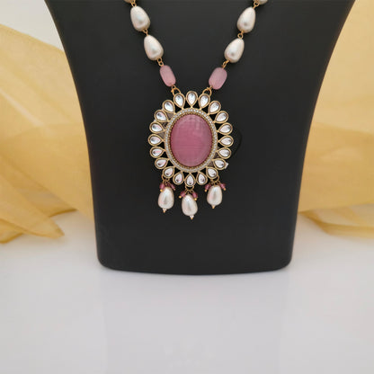 Moissanite Kundan Long Necklace Set with Matching Earrings | Pink and White Pearl Designer Jewellery for Women