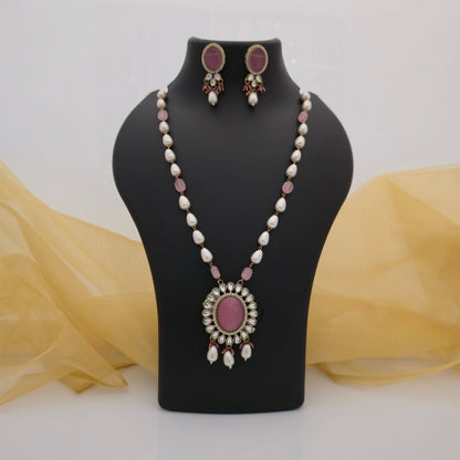 Moissanite Kundan Long Necklace Set with Matching Earrings | Pink and White Pearl Designer Jewellery for Women