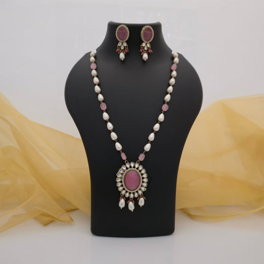 Moissanite Kundan Long Necklace Set with Matching Earrings | Pink and White Pearl Designer Jewellery for Women