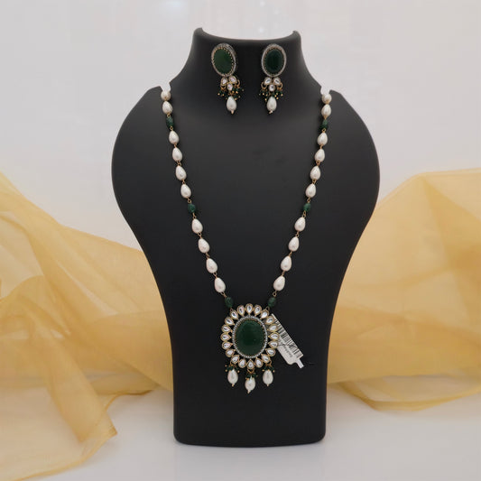 Moissanite Kundan Long Necklace Set with Matching Earrings | Pink and White Pearl Designer Jewellery for Women
