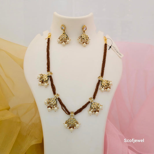 Teal Blue Beaded Gold Tone Necklace Set with Pearl Drop Details and Matching Earrings