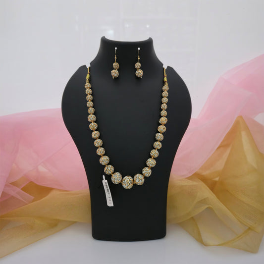 Black and Gold Beaded Necklace Mala Set with Antique Gold-Tone Spherical Beads and Matching Earrings