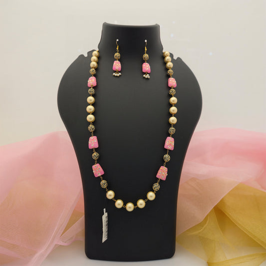 Pearl and Pink Beads Long Necklace Mala with Matching Earrings for Women