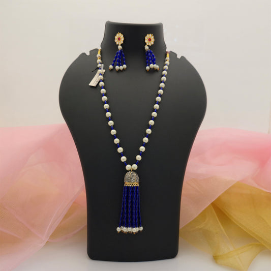 Blue and Cream Pearl Beads Long Necklace Mala with Tassel Pendant and Matching Earrings for Women