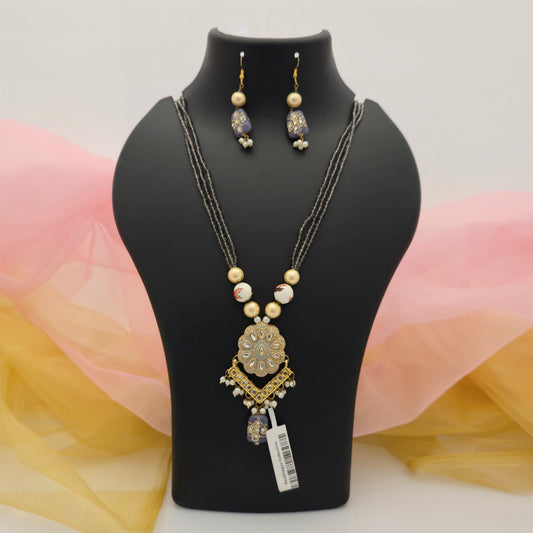 Black Beads Pendant Long Necklace Mala for Women