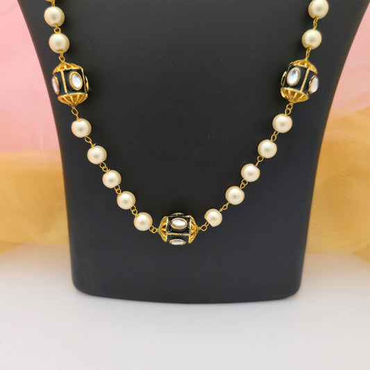 Cream Pearl Beads Long Necklace Mala with Gold Tone Decorative Beads and Earrings for Women