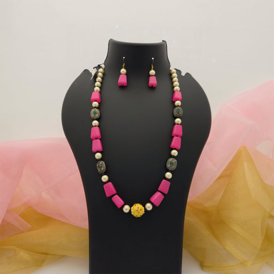 Pink and Cream Pearl Beads Long Necklace Mala with Gold Tone Detailing for Women