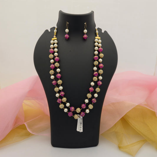 Pink and Cream Pearl Beads Double Layer Long Necklace Mala Set with Matching Earrings for Women