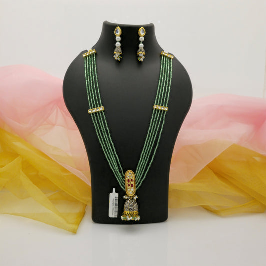 Green Beads Multi-Layer Long Necklace Set with Jhumka Pendant and Earrings for Women