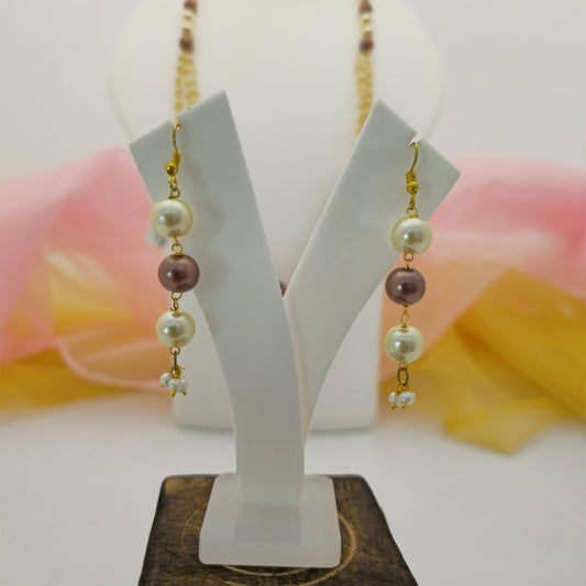 Pearl and Maroon Beads Long Necklace Mala with Matching Earrings for Women