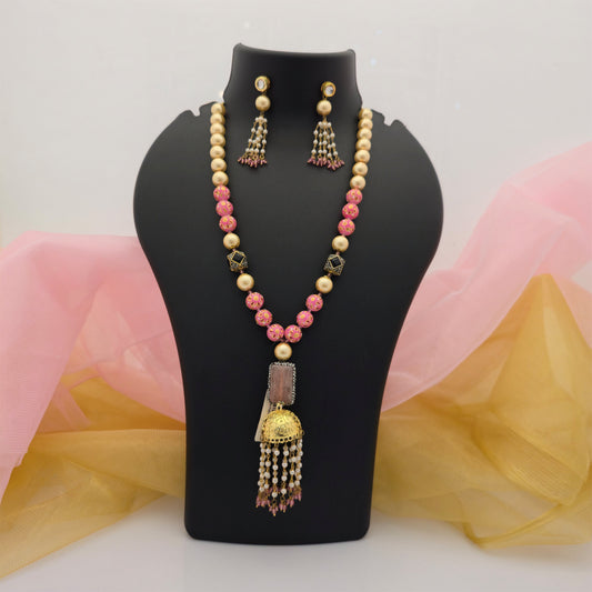 Pink and Cream Pearl Beads Long Necklace Mala with Tassel Pendant and Matching Earrings for Women