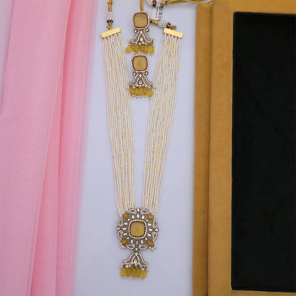 Moissanite Kundan Long Beaded Necklace Set with Matching Earrings | White and Yellow Designer Jewellery for Women