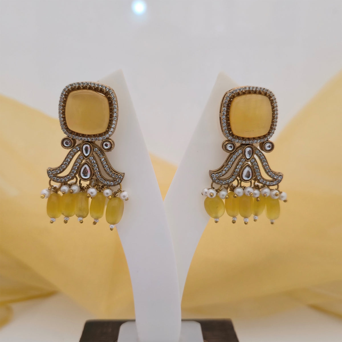 Moissanite Kundan Long Beaded Necklace Set with Matching Earrings | White and Yellow Designer Jewellery for Women