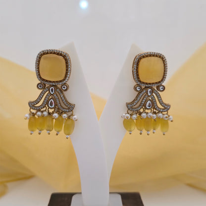 Moissanite Kundan Long Beaded Necklace Set with Matching Earrings | White and Yellow Designer Jewellery for Women
