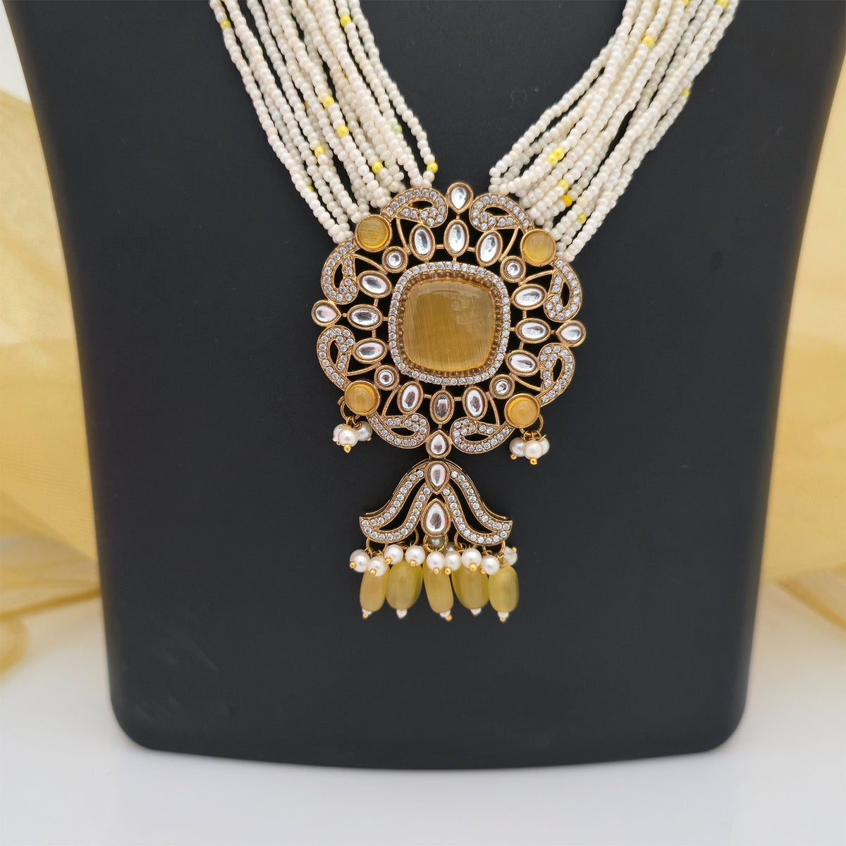 Moissanite Kundan Long Beaded Necklace Set with Matching Earrings | White and Yellow Designer Jewellery for Women