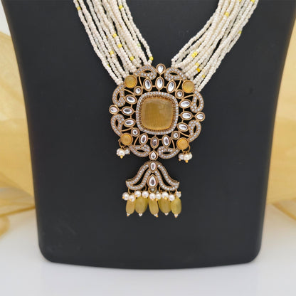 Moissanite Kundan Long Beaded Necklace Set with Matching Earrings | White and Yellow Designer Jewellery for Women