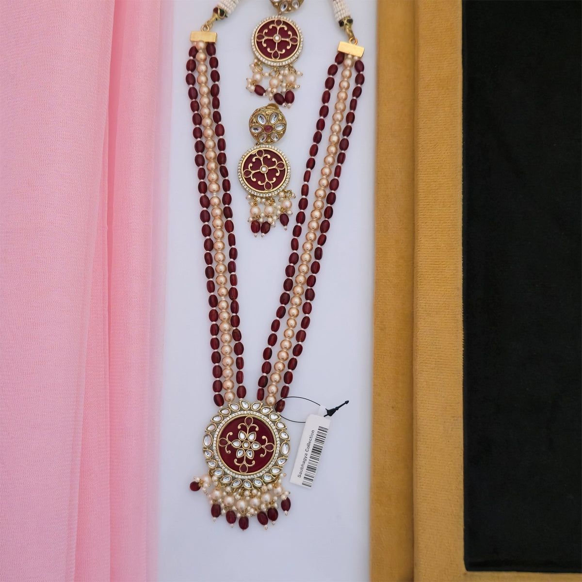 Moissanite Kundan Long Necklace Set with Matching Earrings and Maang Tikka | Maroon and Pearl Designer Jewellery for Women