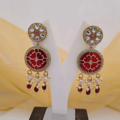 Moissanite Kundan Long Necklace Set with Matching Earrings and Maang Tikka | Maroon and Pearl Designer Jewellery for Women