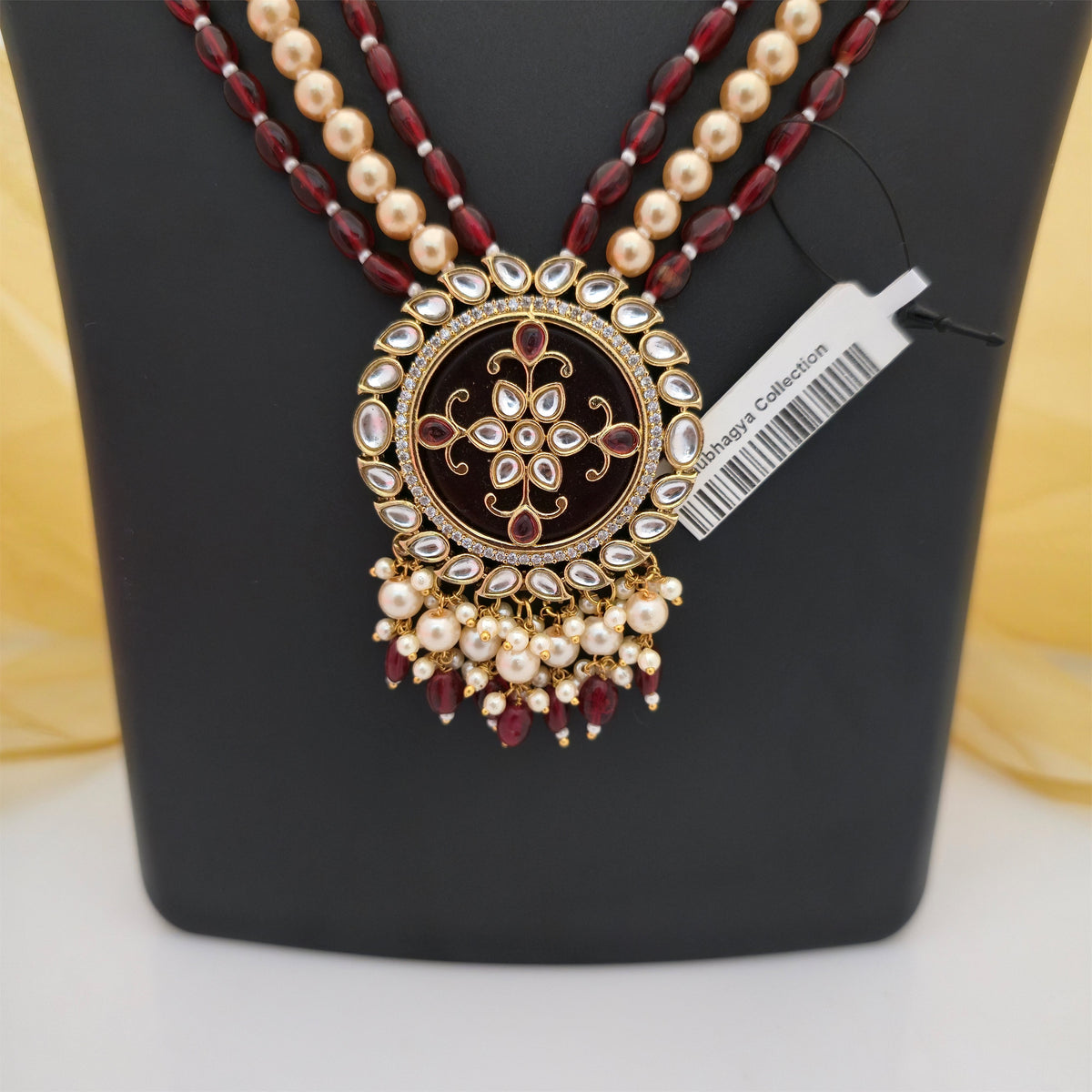Moissanite Kundan Long Necklace Set with Matching Earrings and Maang Tikka | Maroon and Pearl Designer Jewellery for Women