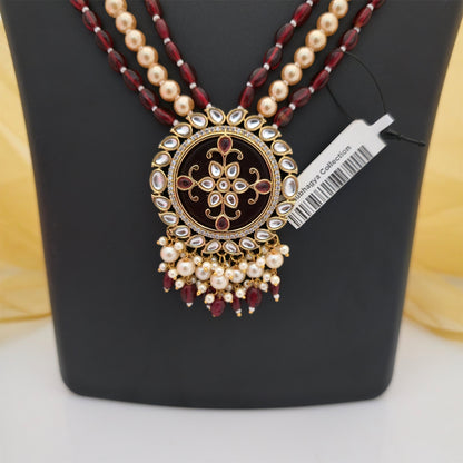Moissanite Kundan Long Necklace Set with Matching Earrings and Maang Tikka | Maroon and Pearl Designer Jewellery for Women