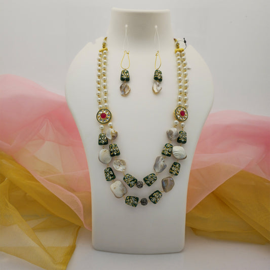 Blue and Pearl White Necklace Mala Set with Decorative Beads, Stone-Studded Accents and Matching Earrings