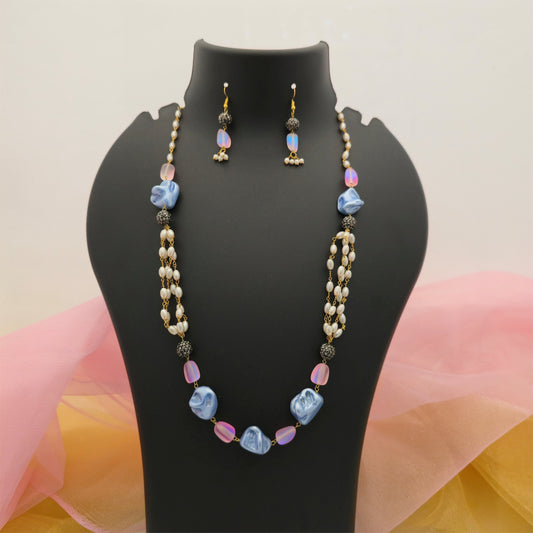 Blue and Pink Beaded Necklace Mala Set with Pearl Chains, Black Beads and Matching Earrings