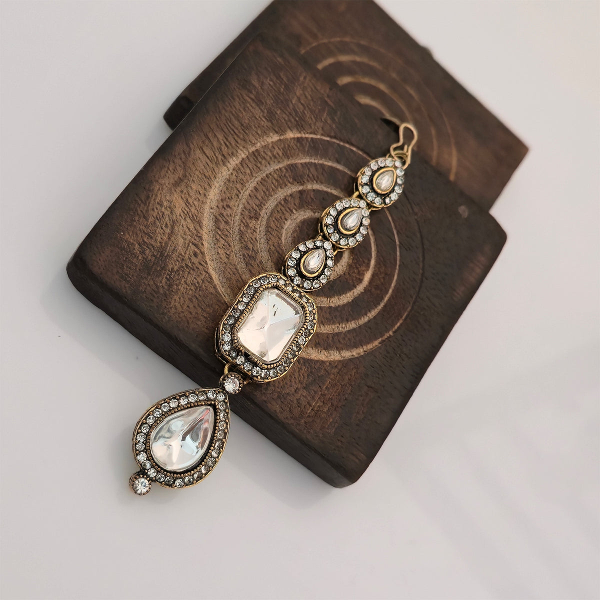 Moissanite and AD Necklace Set with Matching Earrings & Maang Tikka | Antique Gold Designer Jewellery for Women