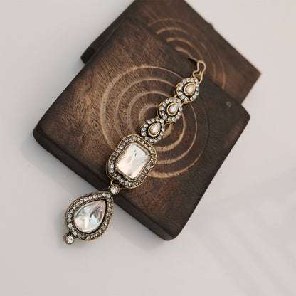 Moissanite and AD Necklace Set with Matching Earrings & Maang Tikka | Antique Gold Designer Jewellery for Women