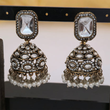 Moissanite and AD Necklace Set with Matching Earrings & Maang Tikka | Antique Gold Designer Jewellery for Women
