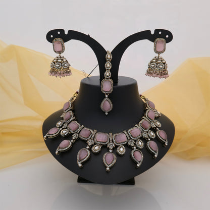 Moissanite and AD Necklace Set with Matching Earrings & Maang Tikka | Antique Gold Designer Jewellery for Women