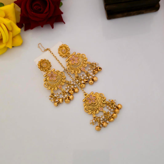 Gold Plated Rajwadi Polish Short Necklace Set with Green Floral Enamel Pendant and Matching Earrings for Women