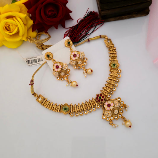 Gold Plated Rajwadi Polish Short Necklace Set with Pink Floral Enamel, Green Stones and Pearl Drop Earrings for Women