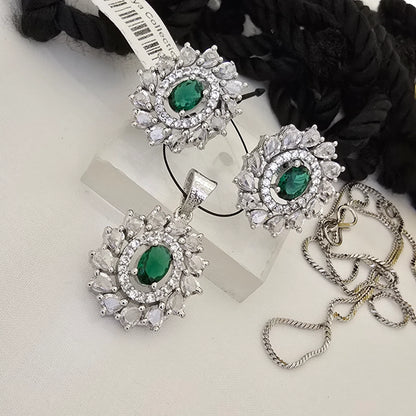 Oval_Green_Stone_Pendant_Set_with_Earrings_Silver_Plated_Floral_Halo_Designer_Jewellery - Saubhagya Collection 
