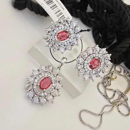 Oval_Pink_Stone_Pendant_Set_with_Earrings_Silver_Plated_Floral_Halo_Designer_Jewellery - Saubhagya Collection