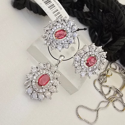 Oval_Pink_Stone_Pendant_Set_with_Earrings_Silver_Plated_Floral_Halo_Designer_Jewellery - Saubhagya Collection 