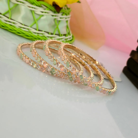 pastel green pink AD diamond bangles for women, rose gold american diamond bangles, pastel stone layered bangles, green pink stone designer bangles, sparkling CZ bangles, bridal party wear bangles, artificial diamond jewellery